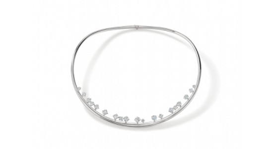 A white gold Hearts On Fire choker with offset diamond details, available at Rogers Jewelry Co.